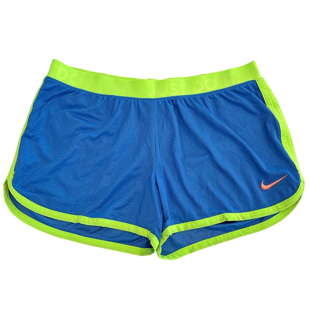 Nike Dri-FIT Mesh Running Shorts Women's L Blue Neon Green Just Do It 552912-402